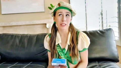 Jackie Hoff in sexy leprechaun costume holding Lucky Charms box, blowjob preview