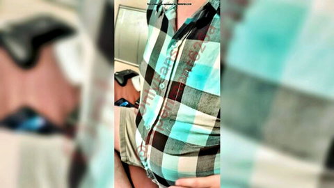 Toy boy with inflated belly in checkered shirt, balloon fetish solo