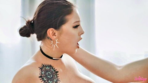 Maddy May topless with choker, tattooed shoulder in lustful embrace