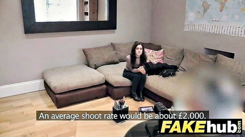 Petite brunette in UK fake agent audition on sofa, clothed interview