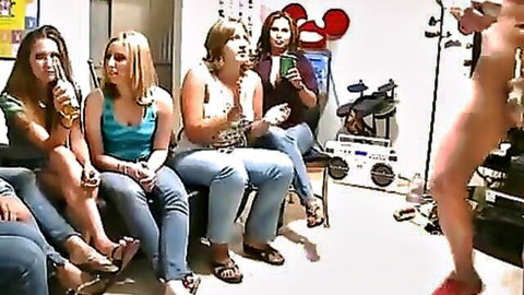 Group of college girls watching and sucking big dick in casual scene