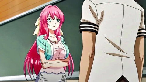 Pink-haired anime schoolgirl with big breasts and cleavage in hallway