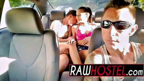 Sassy teens in bikini and car threesome with rock hard action and facials