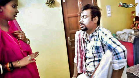Piya Bhabhi in pink saree chats with milkman in Indian home scene