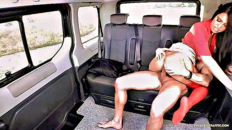 Brunette big ass woman rides thick cock reverse cowgirl in van backseat pussy penetration visible