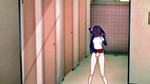 Purple-haired hentai schoolgirl exposes tits and pussy in uniform
