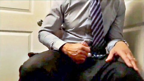 Married dad in suit strokes his big cock solo masturbation