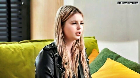 Blonde curvy teen Liza Mon Cheri in leather jacket, large tits