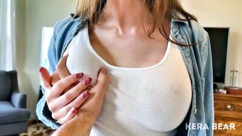 Kera Bear blonde with big tits groped through white tank top