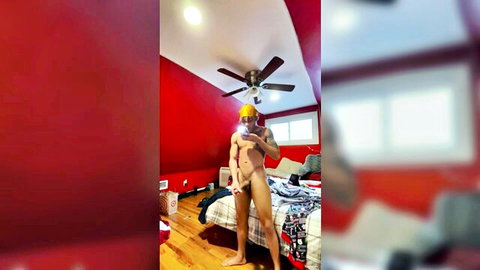 Muscular college athlete nude in hard hat, stroking and showing hole