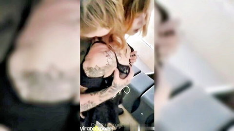 SallyDinosaur blonde tattooed tease in black lingerie, truck hookup