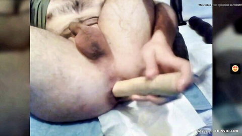 Hairy man solo inserting thick dildo deep into his exposed ass