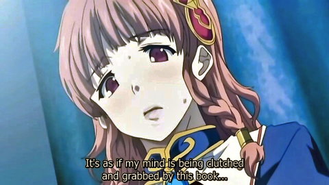 Pink-haired anime teen looks shocked as mind gripped by magical book