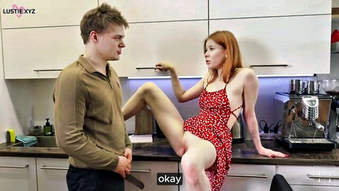 Redhead tenant in short dress seduced by landlord in kitchen deal