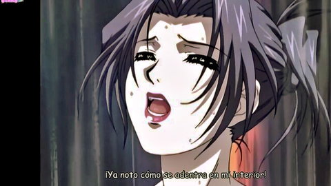 Anime MILF in ecstasy moaning as penetration begins, Spanish subtitles