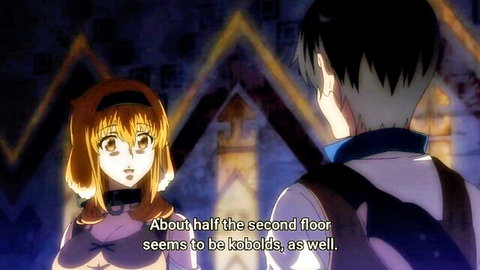 Ecchi anime harem: Orange-haired girl in headband chats with male adventurer in dungeon, S1E9