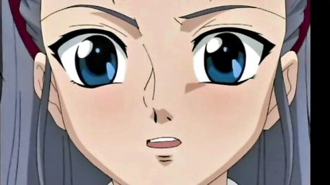 Anime student with blue eyes and purple hair in dominant bondage scene