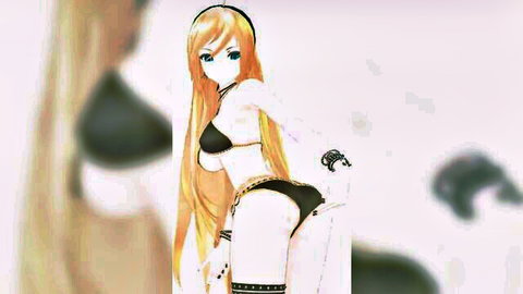 Orange-haired anime girl in black bikini posing seductively
