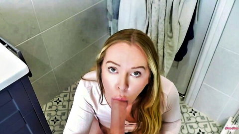 Brea Rose blonde MILF sneaking oral in bathroom, POV blowjob tease