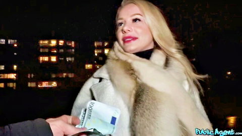 Seductive blonde in fur coat receives cash from stranger in outdoor public pickup