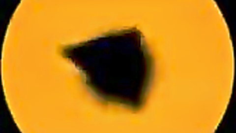 Bright yellow circular background with dark black triangular silhouette in center