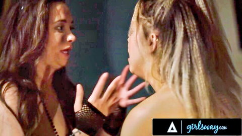 Topless brunette and blonde lesbians with small tits gesturing intimately close-up