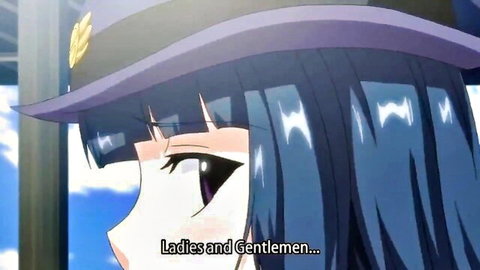Hentai anime girl with purple hat and big eyes saying 'Ladies and gentlemen' seductively
