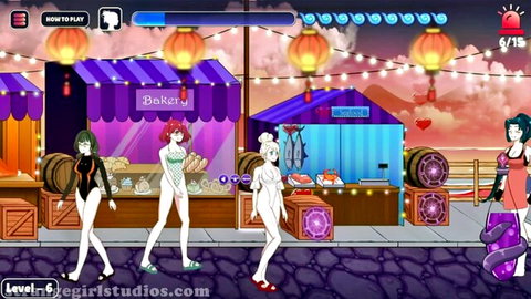 Nude hentai girl with bare tits and pussy struts past bikini babes at lantern-lit market stalls