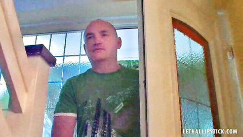 Bald mature man in green shirt peeking at doorway in Lethal Lipstick Hidden Identity