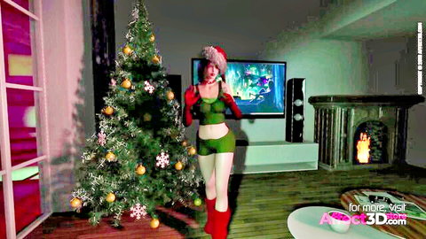 3D animated futanari elf in sexy Christmas outfit posing by tree