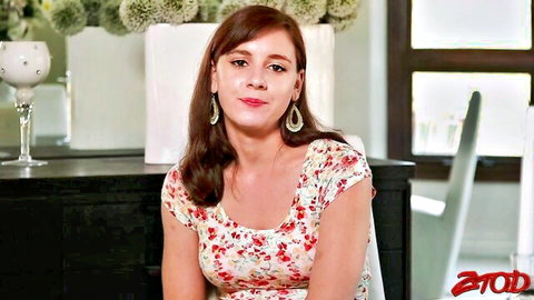Redhead woman in floral dress smiling for intense couple passion with Tommy Pistol