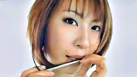Beautiful Rin in sexy office outfit, teasing with pen in mouth