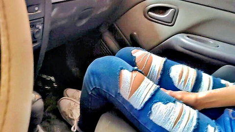 Stepdaughter's ripped jeans legs in car, teasing before stepdad arrives