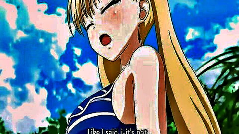 Aroused blonde anime girl in blue bikini on beach, teasing pose