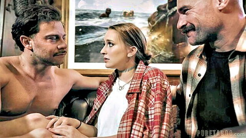 Laney Grey between two men in flannel shirts for steamy threesome