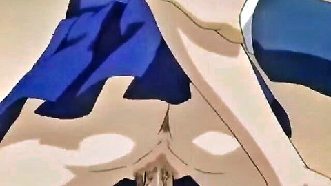 Anime hentai close-up of girl in blue dress with vaginal penetration