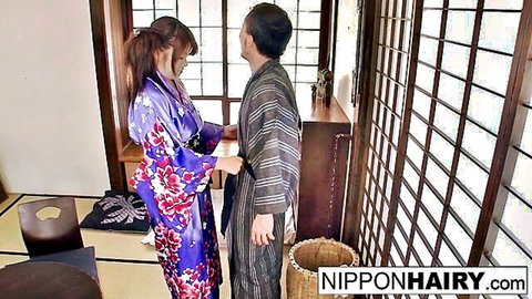 Japanese teen geisha in kimono with man in yukata, hairy pussy toyed