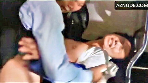 Man in blue hoodie forcing Asian man in white shirt during intense gay encounter