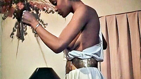 Sylvie Schwartz topless in draped white dress, 1980 French vintage