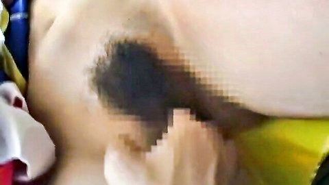Japanese cosplay teen's hairy pussy licked and played with by hand