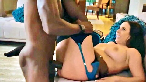 Angela White in hot BBC interracial sex scene, topless in lingerie