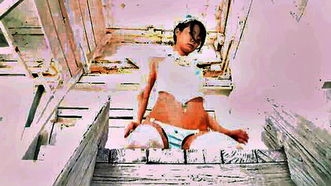 Seductive Asian woman in white lingerie sitting spread-legged JAV style
