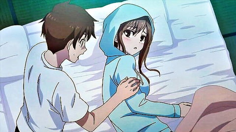 Anime guy gropes girl's big tits over blue hoodie on bed
