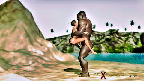 Huge muscular black stud lifts and fucks tiny nude girl in standing sex position outdoors in 3D CGI