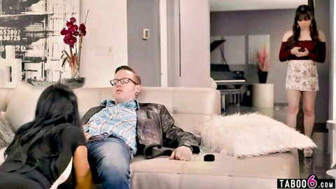 Brunette deepthroating boyfriend on couch while friend watches