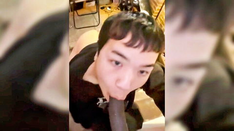 Bebe Moon Asian twink training orally with big black dildo