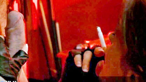 Naked bald man gets nasty handjob on huge dick from gloved woman smoking