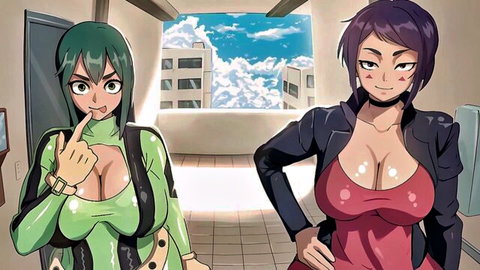 Busty green-haired Inko and purple-haired woman in revealing outfits showing cleavage