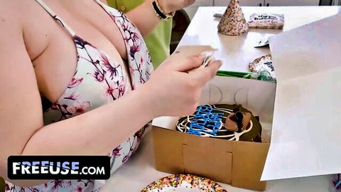 Curvy stepmom Emmy Demure shows massive natural tits in floral dress by birthday cake