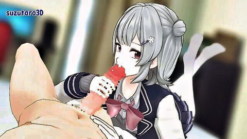 Hololive anime girl in school uniform sucking red dildo on nude body